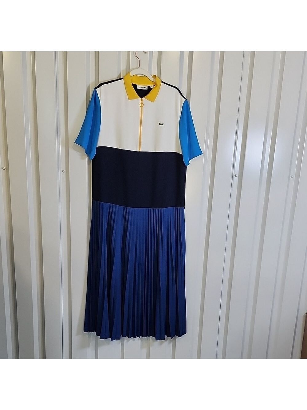 Lacoste Women's Blue, White, Black Yellow Color Block Pleated Maxi Dress Sz FR42